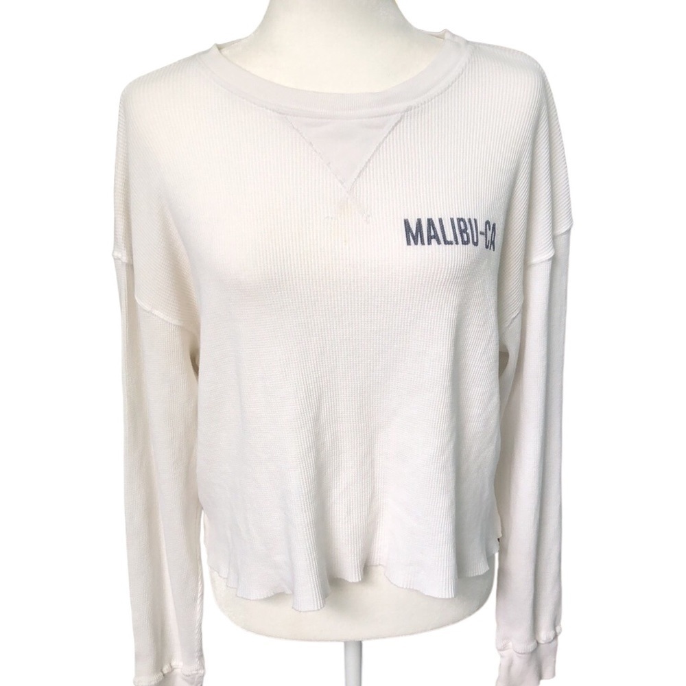 John Galt Brandy Melville Malibu CA White Thermal Cropped Long Sleeve Top One SZ